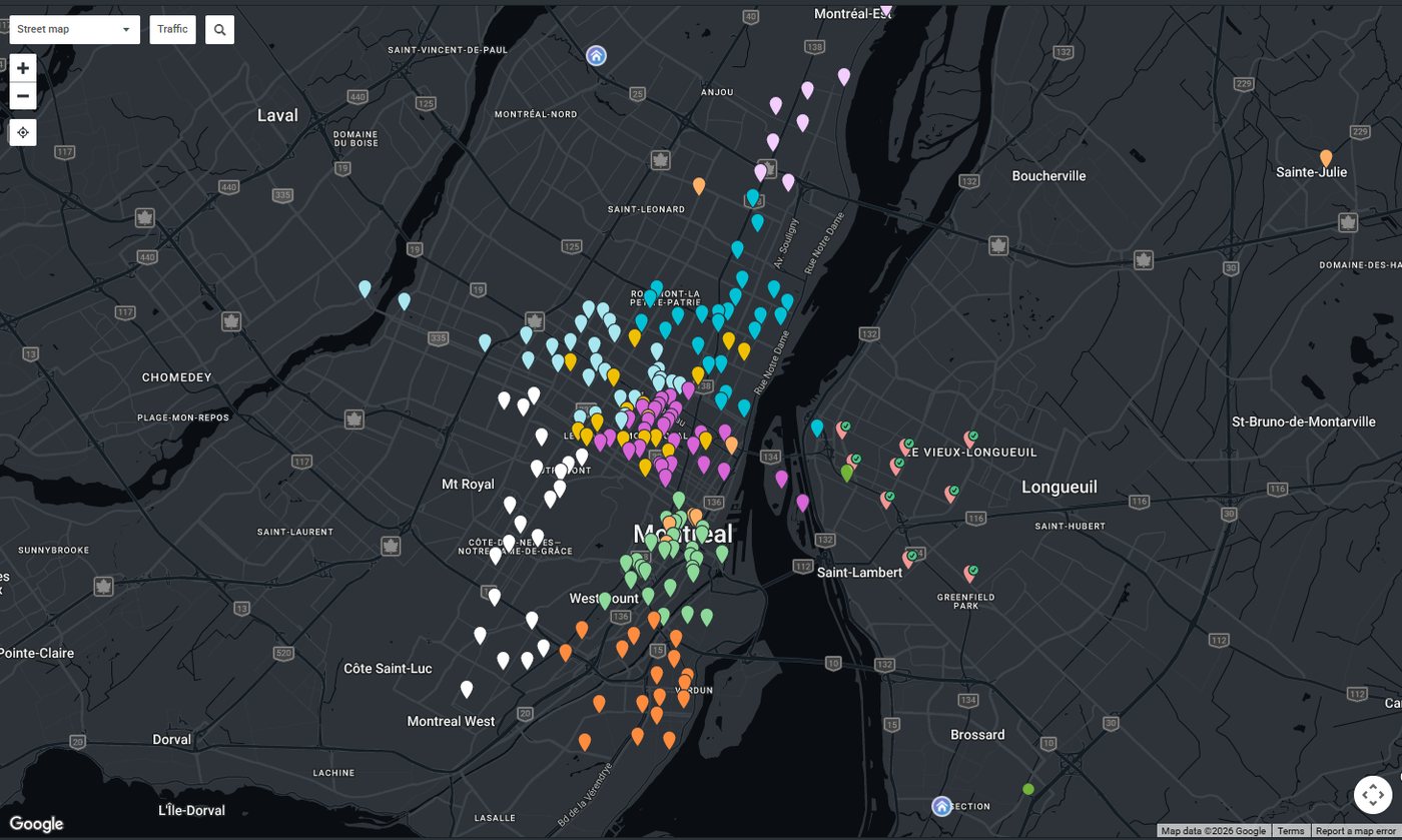 Carte de répartition d'une journée de tournées dans le Grand Montréal